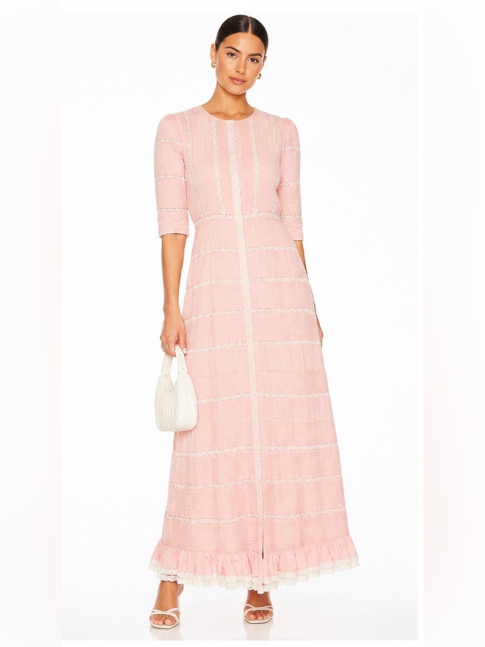 Madison Young Pink Cottagecore Prairie Maxi Dress 100% Cotton | Lace Trim Small